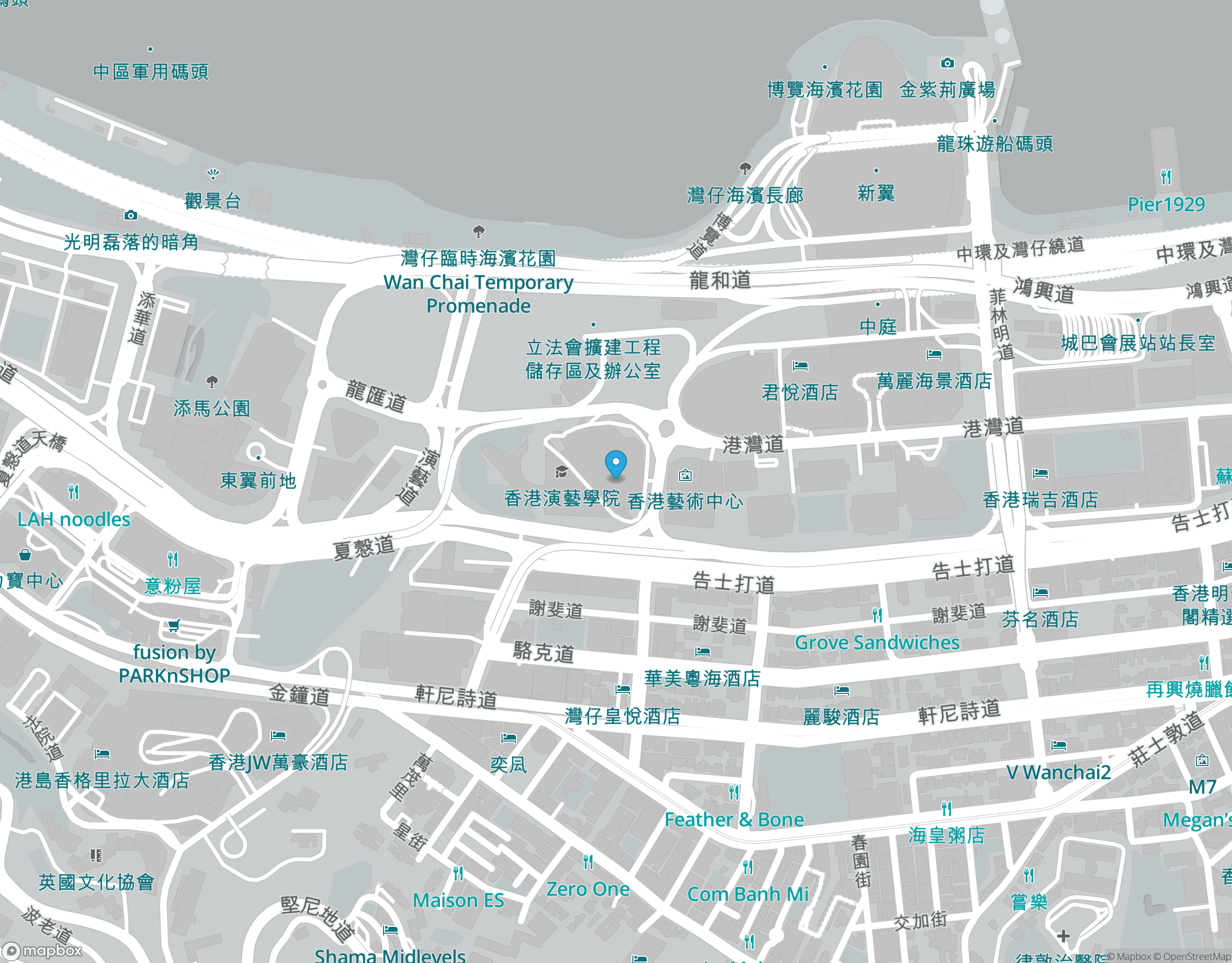 地圖，香港演藝學院 實驗劇場，香港灣仔告士打道一號，https://www.hkapa.edu/tch/venue/wanchai-campus/studio-theatre